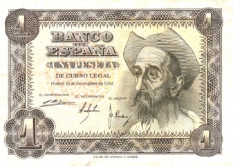 old spanish peseta banknote of 1951 with Cervantes' El Quijote on the front side