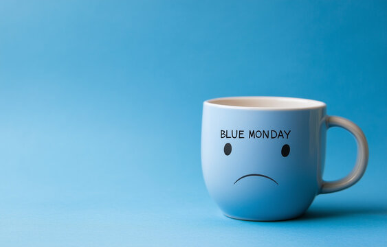 Tazza da caff&egrave; con la scritta Blue Monday e faccina triste. Sfondo blu. Il terzo luned&igrave; di gennaio &egrave; il giorno pi&ugrave; triste dell'anno.