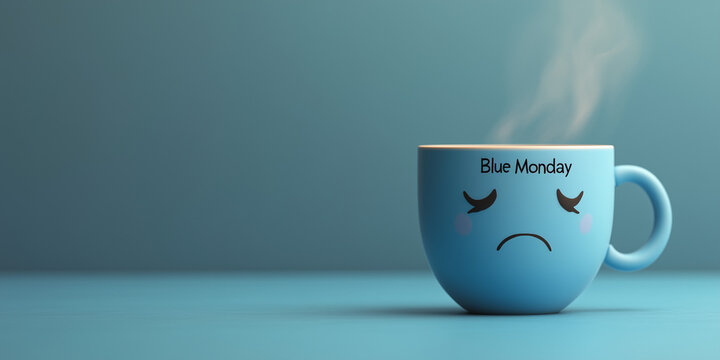Tazza da caff&egrave; con la scritta Blue Monday e faccina triste. Sfondo blu. Il terzo luned&igrave; di gennaio &egrave; il giorno pi&ugrave; triste dell'anno.