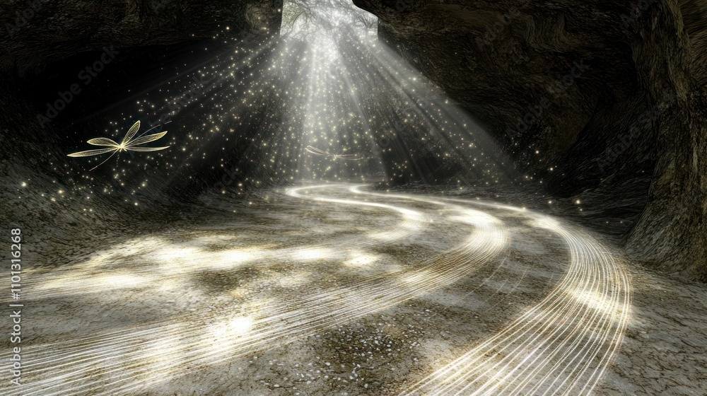 Poster a mystical cave illuminated by beams of light, creating a serene and enchanting atmosphere.