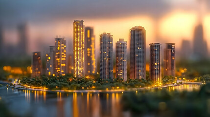 Obraz premium Night Cityscape Illustration: Golden Hour Towers