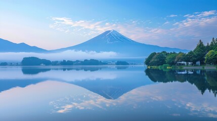 photograph of Mountain Fuji at Kawaguchiko lake in morning time