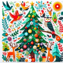 Fototapeta premium christmas tree with birds and snowflakes