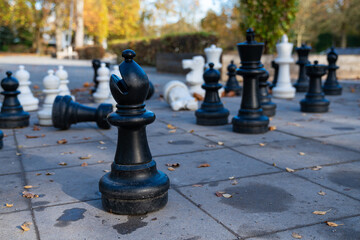 Outdoor chess game with large pieces in a park setting during autumn