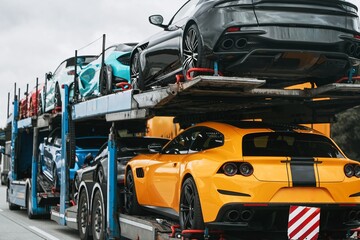 Naklejka premium Exotic luxury sport cars with shiny performance and power are transported on a two-level hydraulic trailer truck. They are either heading to a racing championship or a car show