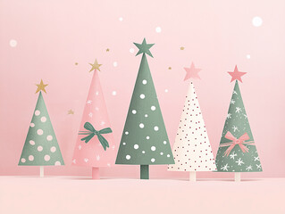 festive Christmas card, featuring a collection of adorable, stylized whimsical pink Christmas trees.