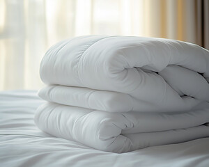 A serene freshly laundered duvet, folded neatly on a bed. The soft, white fabric