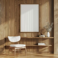 A cozy living room with a wooden wall. a white armchair. a wooden shelf. and a large framed canvas with space for text