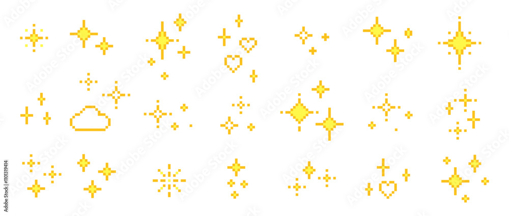 Poster sparkling star emoji. magic and shining game abstract elements. y2k glitter pixel art icon set. spar