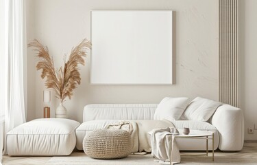 A cozy living room with a large framed artwork mockup above a plush sofa and an ottoman with a throw blanket Beige and cream tones create a relaxed atmosphere