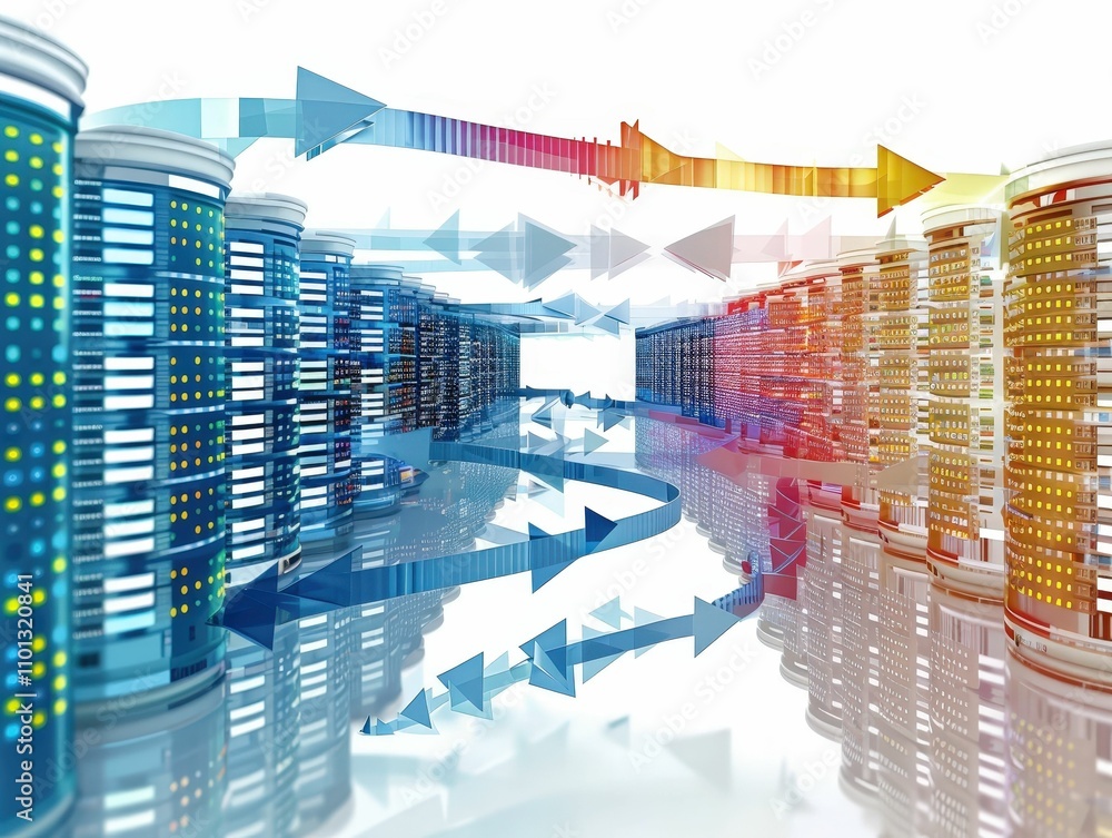 Aufkleber a futuristic digital landscape featuring colorful data servers and arrows, symbolizing data flow and