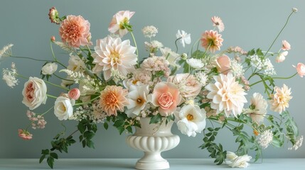 Fototapeta premium Elegant peach and white floral arrangement in a classic urn.