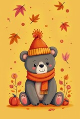 Fototapeta premium Gray Autumn Bear in Orange Hat Scarf Pumpkins Fall