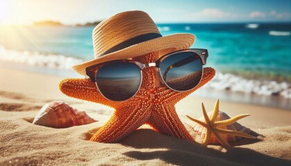 Starfish in sunglasses sunbathing on the beach, summer vacation concept