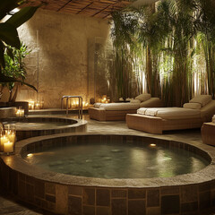 Relaxing spa environment with natural elements and serene ambiance at night