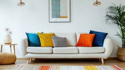 photograph of Scandinavian interior design of modern living room, home. Colorful vibrant pillows on white sofa against wall with art poster frame.