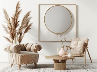 A cozy living room with a comfortable armchair. a coffee table with decorative objects. a large empty frame on the wall and a plant in the corner