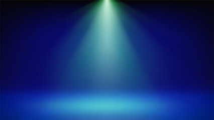 Obraz premium Spotlight blue stage background. Minimalist interior studio room illuminated by green spotlight. Backdrop for displaying products, presentation, advertising. Showcase. Vector illustration