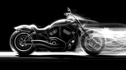 Fototapeta premium Sleek motorcycle in motion, grayscale, dark background.