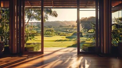 Fototapeta premium photograph of Scenic view of the golf course from behind wooden sliding doors, overlooking lush greenery and rolling hills, with warm s