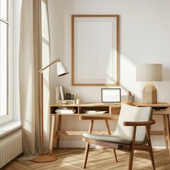 A minimalist home office with a large window. a desk. a chair. a lamp. a framed picture. and a vase with dried flowers