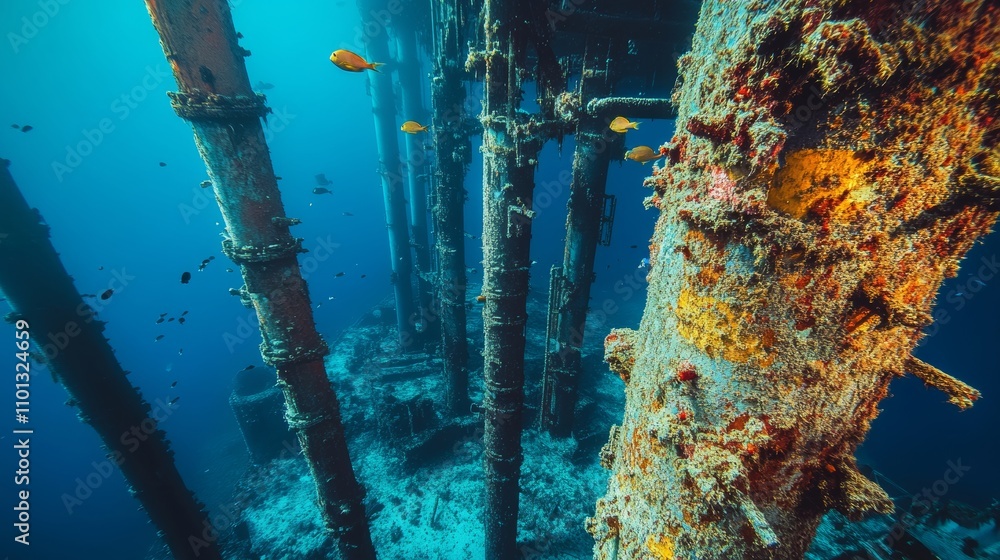 Poster underwater perspective of multiple oil and gas pipelines in the ocean environment