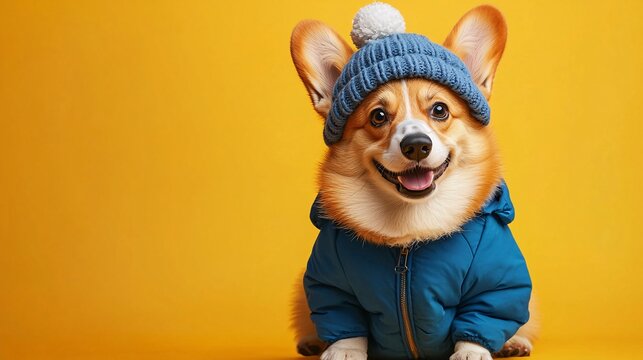 Adorable Corgi in Blue Winter Outfit on Sunny Yellow Background