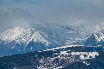 Fototapeta premium Discovering the Renon plateau in winter. Breathtaking views of the Dolomites.