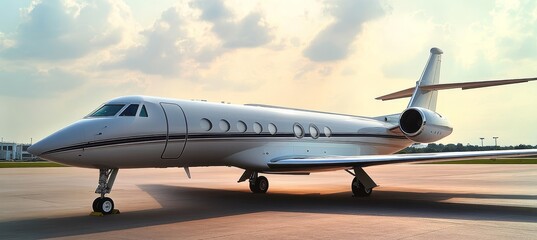 Naklejka premium Luxurious Private Jet Parked on the Concrete Tarmac of an Airport Under Sunset Clouds