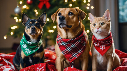 Two dogs and a ginger cat wearing festive bandanas sitting on a red blanket near a decorated Christmas tree