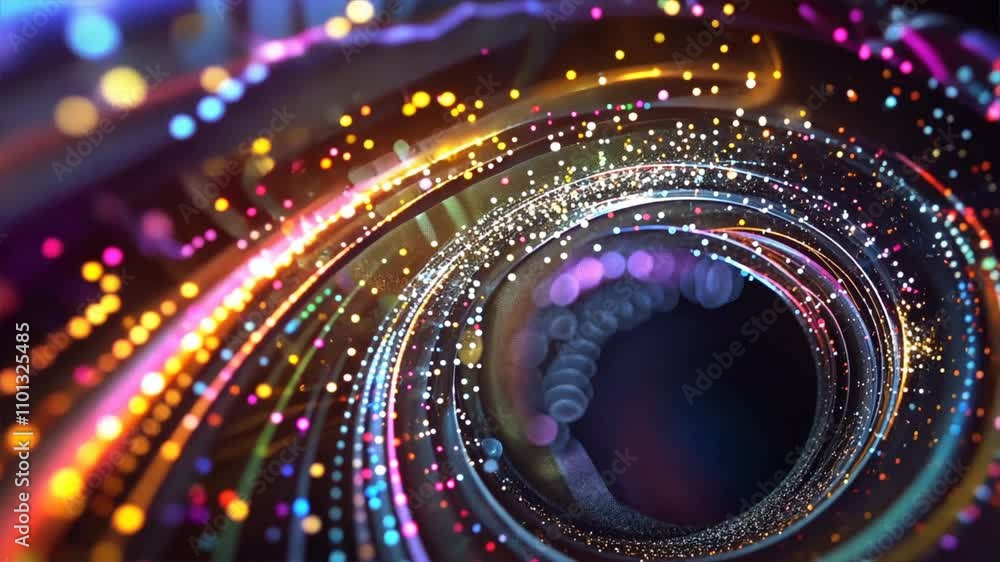 Poster Colorful Abstract Swirl of Glowing Particles and Light Trails, Creating Mesmerizing Vortex Effect that Evokes Depth and Motion in Vibrant Exploration.