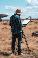 Photographer on safari with tripod and tablet in the African savanna capturing the wilderness
