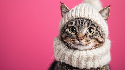 Confident Gray Tabby Cat in Stylish White Scarf and Hat Against Magenta Background