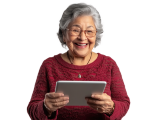 Joyful Elderly Latina Grandmother Video Calls Family, Sharing Laughter and Love Across Distances with Heartwarming Smiles