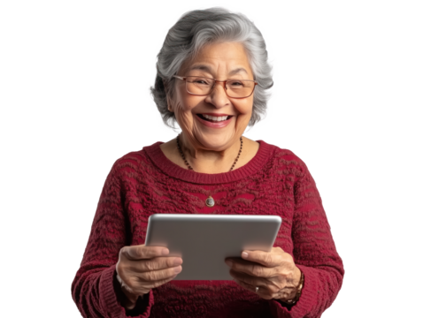 Joyful Elderly Latina Grandmother Video Calls Family, Sharing Laughter and Love Across Distances with Heartwarming Smiles - Powered by Adobe