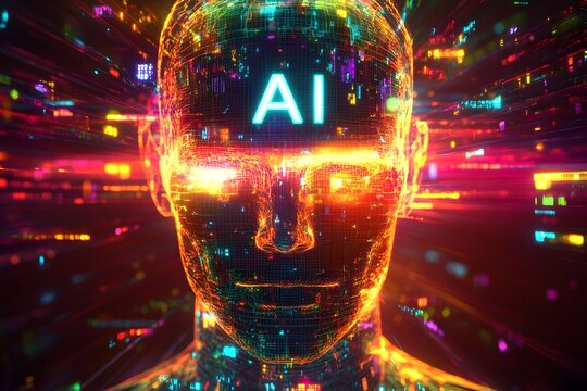 Digital human with the letters "AI" on their head, glowing hologram-style background, colorful digital art style