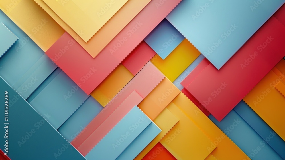 Poster abstract geometric pattern of overlapping colorful squares and rectangles.
