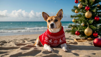 A dog in a red Christmas sweater lying on a sandy beach next to a decorated Christmas tree with a blue ocean in the background