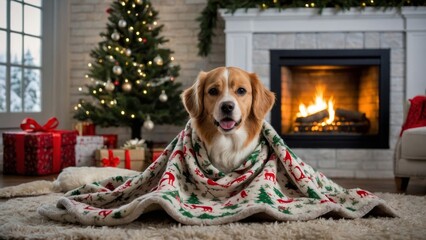 A cheerful dog wrapped in a festive blanket sitting by a fireplace and a glowing Christmas tree with gifts around