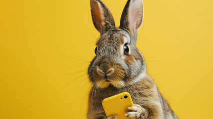 Cute bunny shocked hold mobile cell phone isolated on yellow color background. Funny bunny holds phone surprised shopping concept