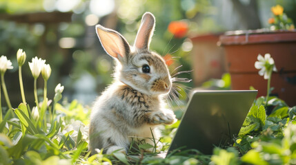 Cute bunny call center worker, online support worker in headphones with laptop. Bunny working outside. Funny creative concept for advert, poster, app, web