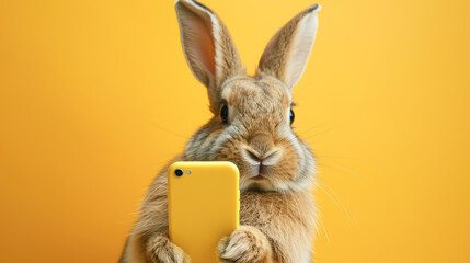Cute bunny shocked hold mobile cell phone isolated on yellow color background. Funny bunny holds phone surprised shopping concept
