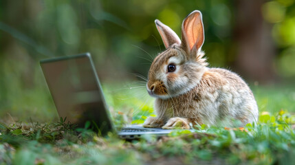 Cute bunny call center worker, online support worker at home with laptop. Funny bunny working outside, homework. Creative concept for advert, poster, app, web