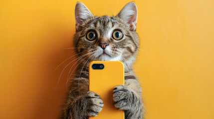 Little kitten shocked hold mobile cell phone isolated on yellow color background. Cute cat holds phone surprised shopping concept