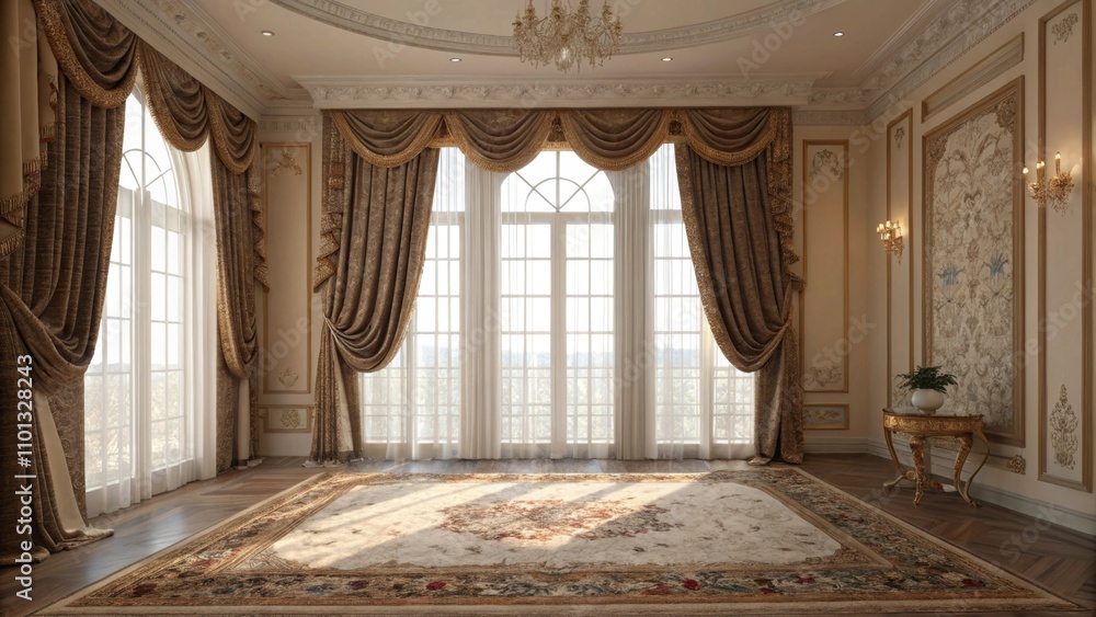 Poster luxurious draperies frame tall windows allowing natural light to spill onto the intricate area rug w