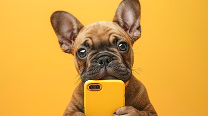 Funny puppy dog shocked hold mobile cell phone isolated on yellow background. Cute dog holds phone surprised shopping concept. For advert, poster, app, web, sale