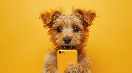 Funny puppy dog shocked hold mobile cell phone isolated on yellow background. Cute dog holds phone surprised shopping concept. For advert, poster, app, web, sale