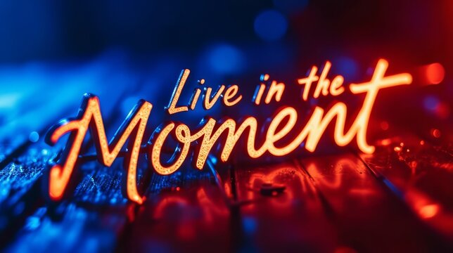 close-up of illuminated sign with live in the moment text.