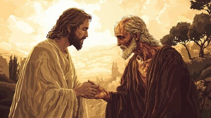 Jesus offers compassion to a leper in a poignant moment, showcasing healing and humanity against a serene sunset backdrop