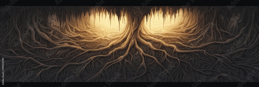 Poster a mystical tree with intricate roots, illuminated from within, evoking a sense of wonder.